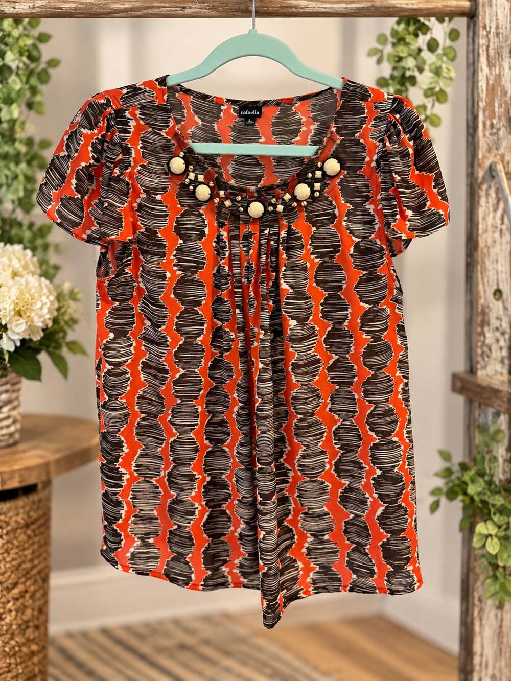 Rafaella  Top sz L Orange Brown Geometric Beaded Neck